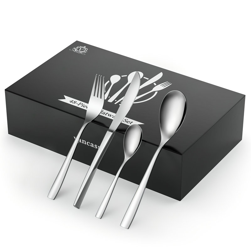 Vancasso VUOTQUIK Black Cutlery Set For 12 People, 48 Piece Tableware Cutlery Set For Home Restaurant Party, Silver