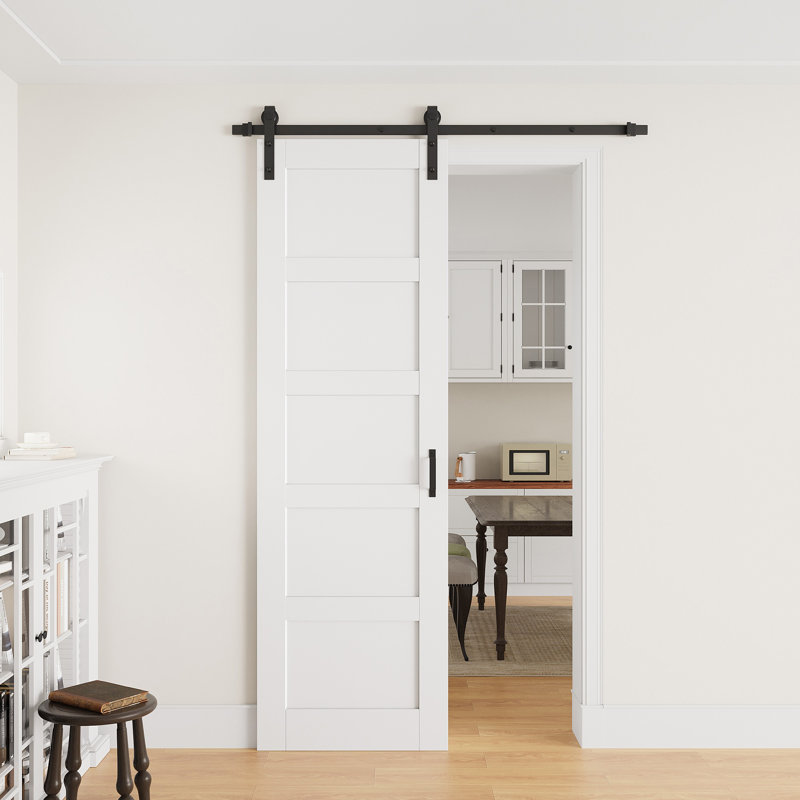 Porte de grange coulissante en bois de 28 po x 96 po avec surface finie, toute la quincaillerie d'installation et la fermeture en douceur sont incluses, peut être repeinte, aucun assemblage requis