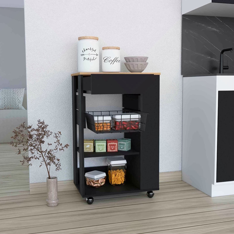 Kitchen Cart,  One Drawer, Two Open Shelves, Four Casters, Black