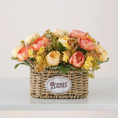 Paniers de fleurs, fausses fleurs, fleurs simulées, arrangements floraux, décorations