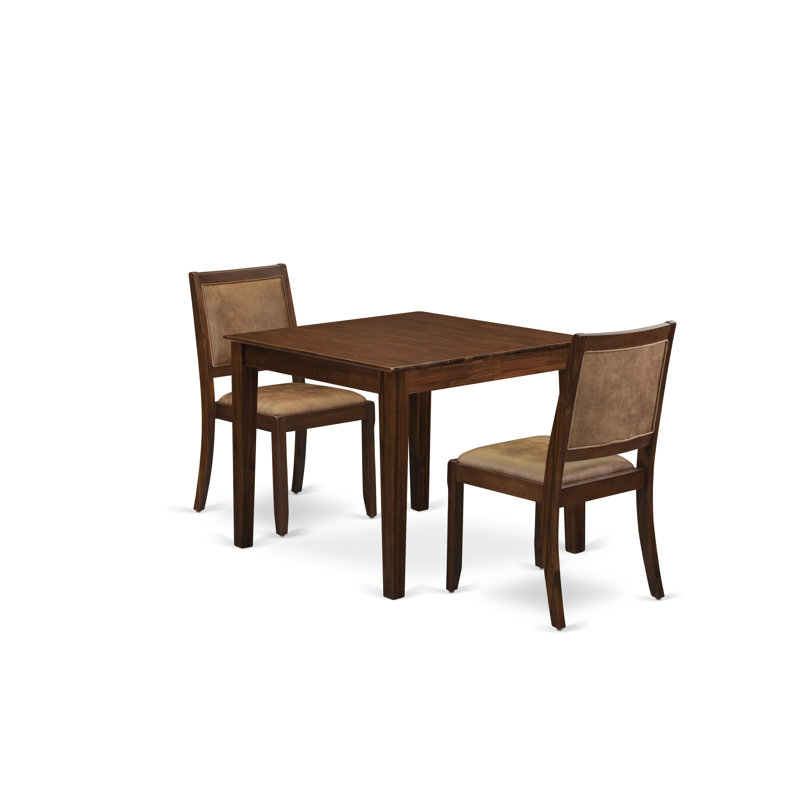 3-piece Dining Room Table Set consists of a square Kitchen Table and 2 Brown Texture Polyester Fabric stackable Chair, Antique Walnut Finish