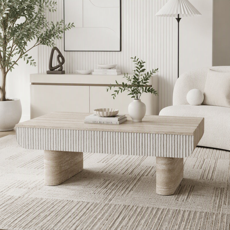 Table basse avec dessus en faux marbre et tiroir cannelé, 46.85"W, Beige-brun