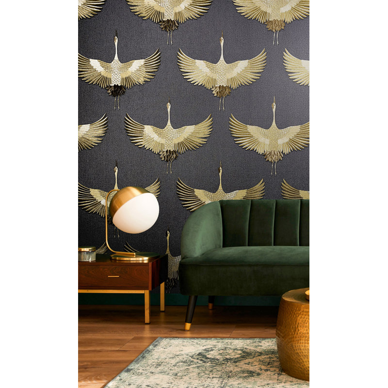 Amariyana Collection Textured Stork Design Wallpaper Roll, Black/Gold