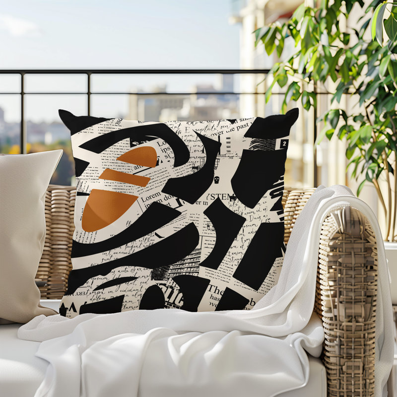 Oreiller carré réversible intérieur / extérieur Kaya, H 19 po x l 19 po, Orange brûlé / noir / blanc cassé abstrait