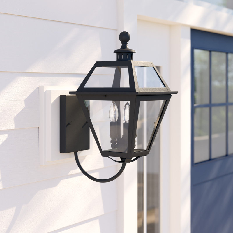 Agarwal 26.75 in. H 3-Light Textured Black Transitional Outdoor Wall Sconce made of Durable Steel, Clear Glass Shade, LED Compatible, Use for Exterior Porch Patio Front Door or Garage