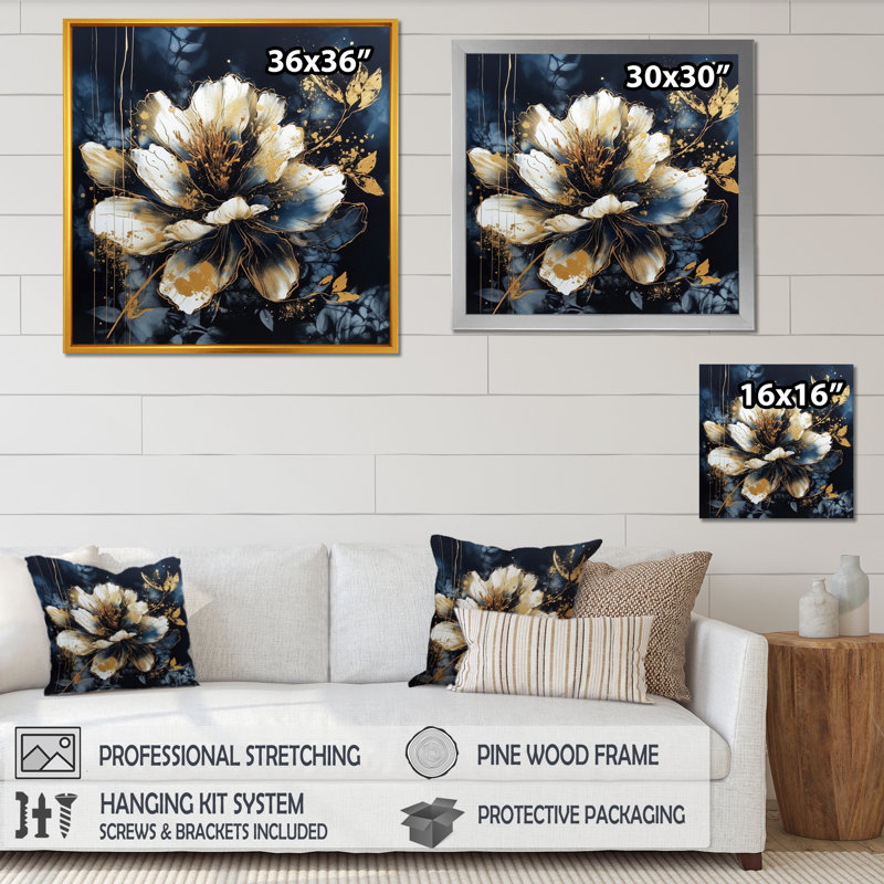 Fleur d'œillet Ruchie IV sur toile, H 16 po x l 16 po x P 1 po, Encadrement doré