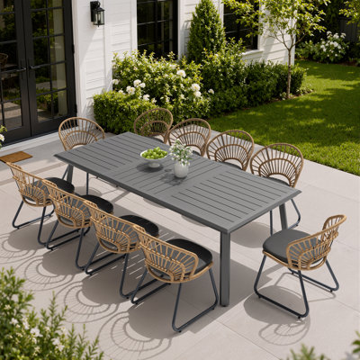 10-Person Metal Outdoor Dining Set with Aluminum Table, PE Rattan Chairs and Removable Cushions
