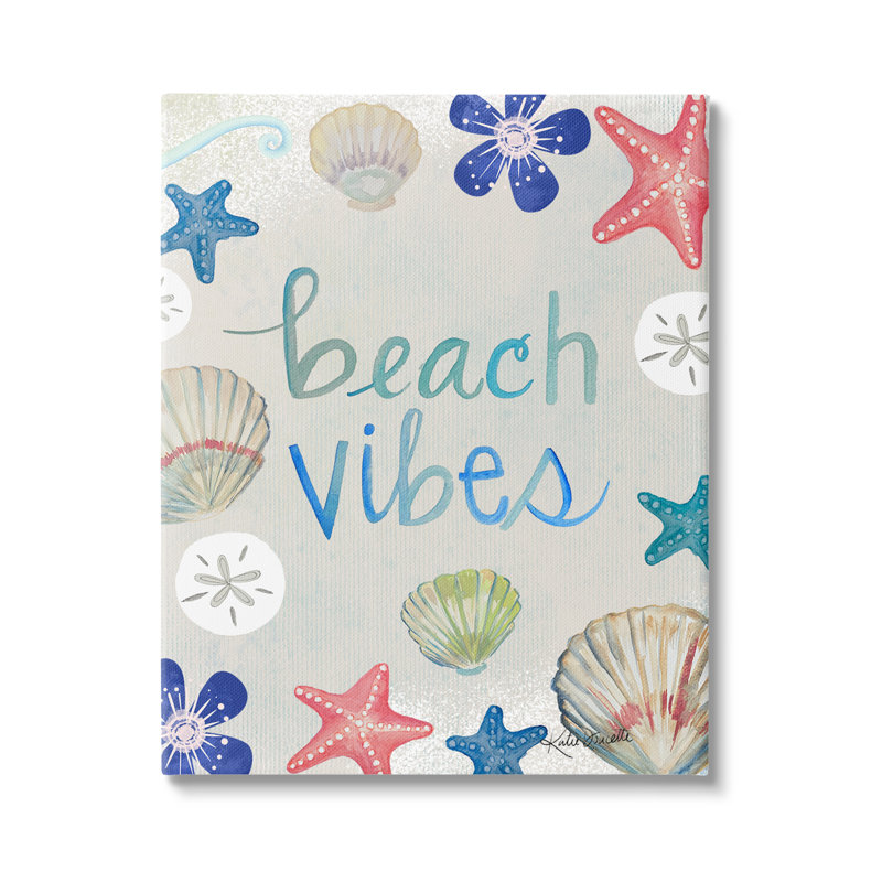 «Beach Vibes Calligraphy Nautical Seashell Flowers» par Katie Doucette - impression, Toile tendue