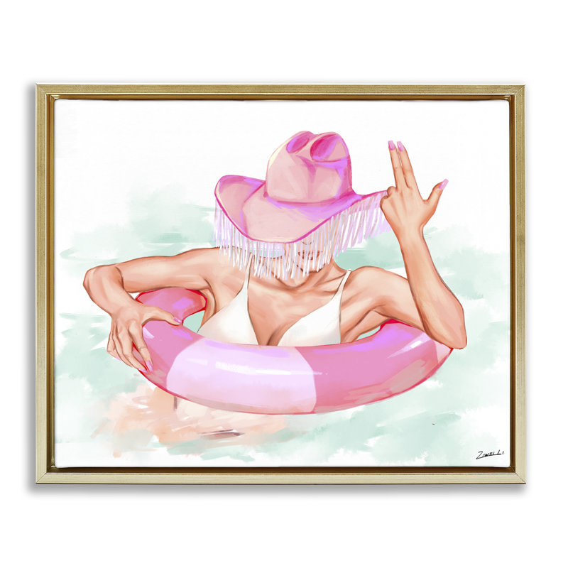 «Woman in Pool Float» par Ziwei Li, Cadre flottant métallique doré, H 17 po x l 21 po