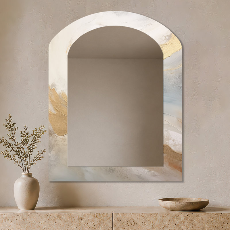 Miroir décoratif Boho - Modern Coastal Beige and Gold River VI, impression sur métal, 43" x 33"