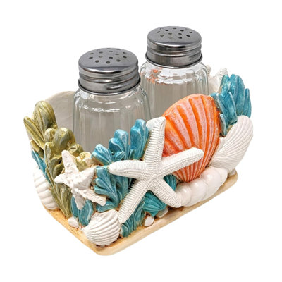Ensemble de salière et poivre en résine d'inspiration océanique en résine avec motif de coquillage et d'étoile de mer en 3D comprenant 2 bouteilles