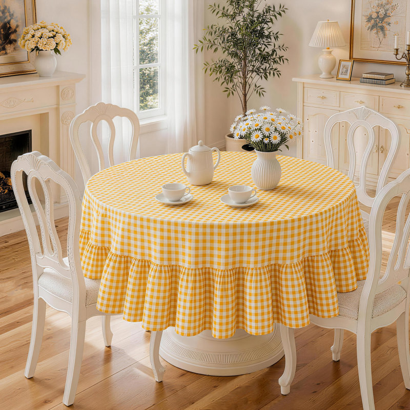 Nappe 100% coton écossais avec bordure à volants, Jaune