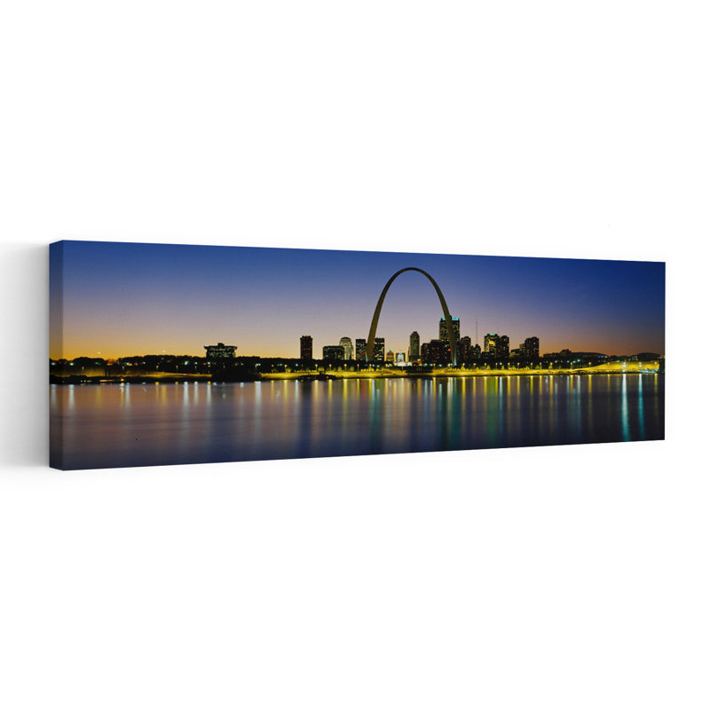 City Lit Up At Night Gateway Arch Mississippi River St. Louis Missouri USA by Richard Sisk - Wrapped Canvas Panoramic Print