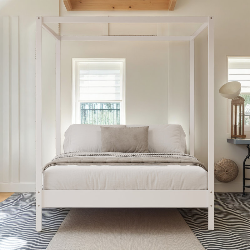 ?Elegant Canopy Bed Frame – 4-Poster Platform Bed with Slats, No Box Spring Needed?, White, King