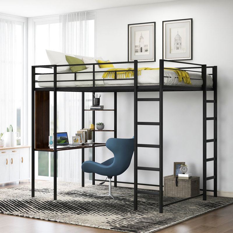 Lit mezzanine double en métal noir avec 2 tablettes et bureau - sécuritaire, lit peu encombrant, noir, stable, optimisé