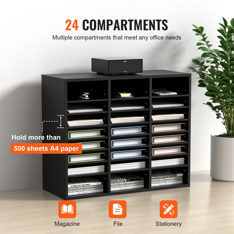 Organisateur de documents en bois, 24 compartiments, trieur de dossiers avec tablettes amovibles, fente pour boîtes aux lettres pour l'organisation de salles de classe de bureau à domicile, certifié EPA, noir