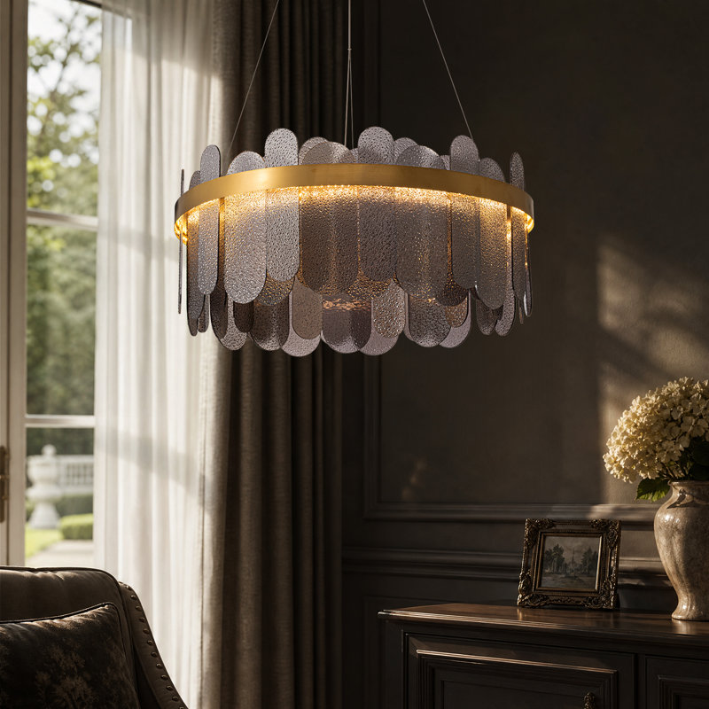 24'' Modern LED Chandelier, Round Smoked Gray Glass Pendant Light with Adjustable Color Temperature