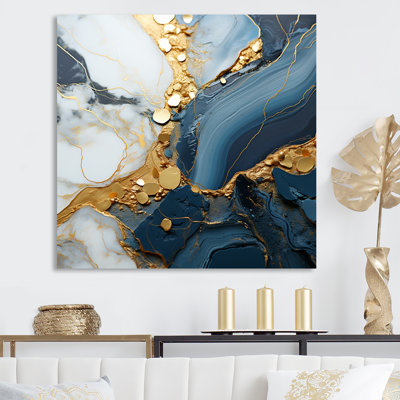 «Blue and Gold Marble River V», art mural abstrait à encre liquide
