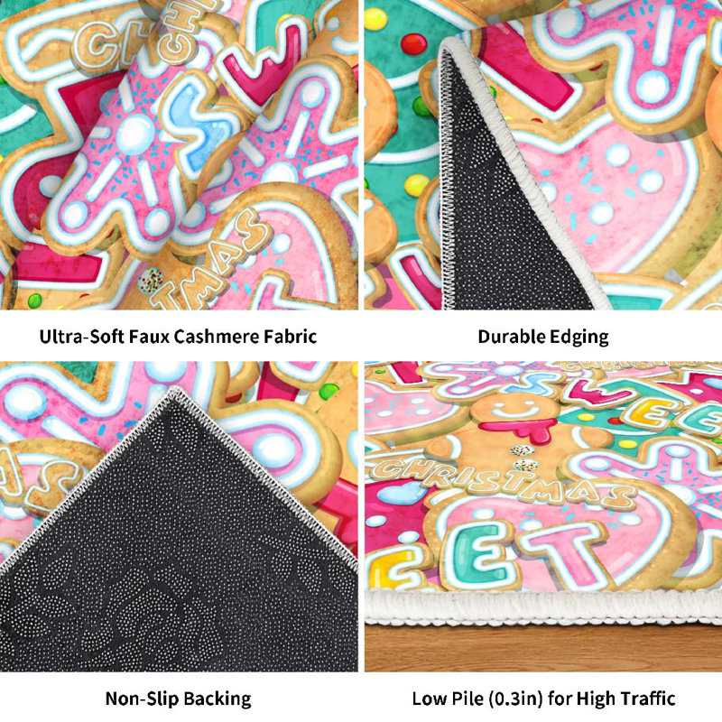 Tapis intérieur rose lavable à la machine, motif de biscuits de Noël., Rectangle 71 po x 98 po