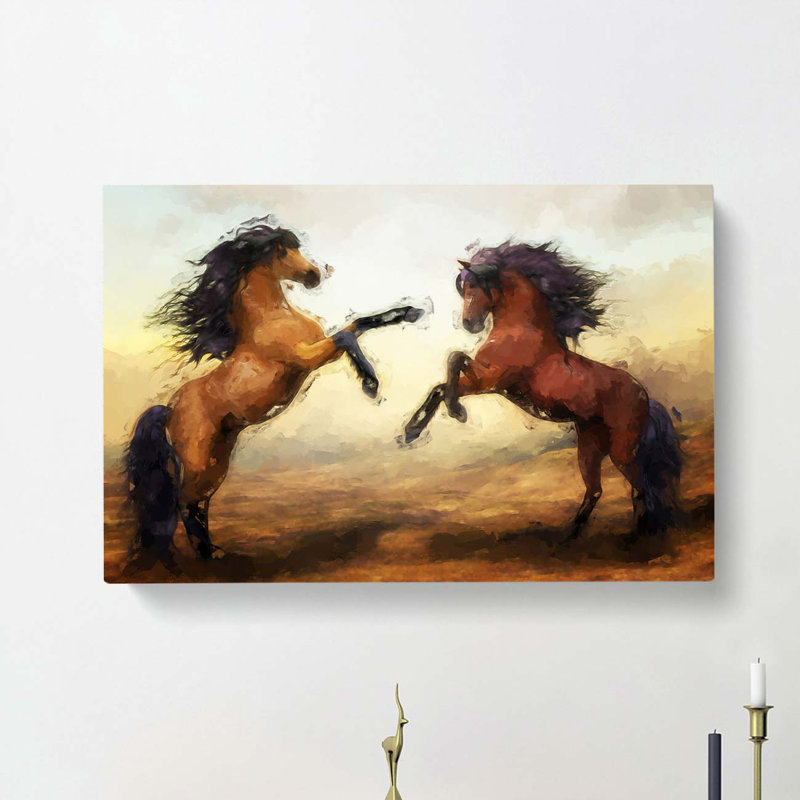 Two Wild Stallion Horses in Abstract - Wrapped Canvas Painting Print, 50cm H x 76cm W x 3cm D