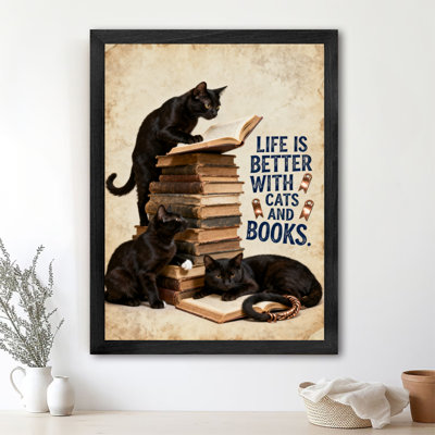 Art rétro encadré noir «LA VIE EST MIEUX AVEC CHIENS ET BOOKS»