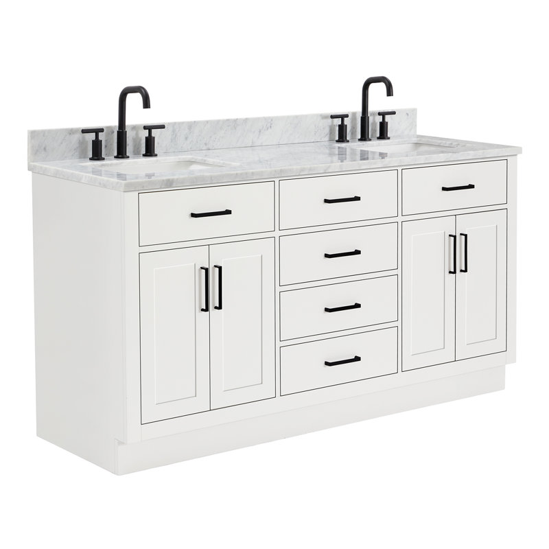 Tidworth Solid Wood Double Bathroom Vanity with 1.5' Carrara Marble Top, Blanc, Laiton, Forme rectangulaire