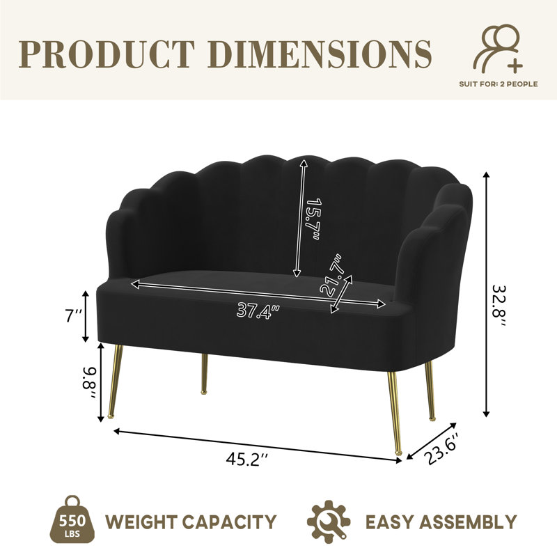 High-end Velvet 2-Seater Loveseat Couch, Black