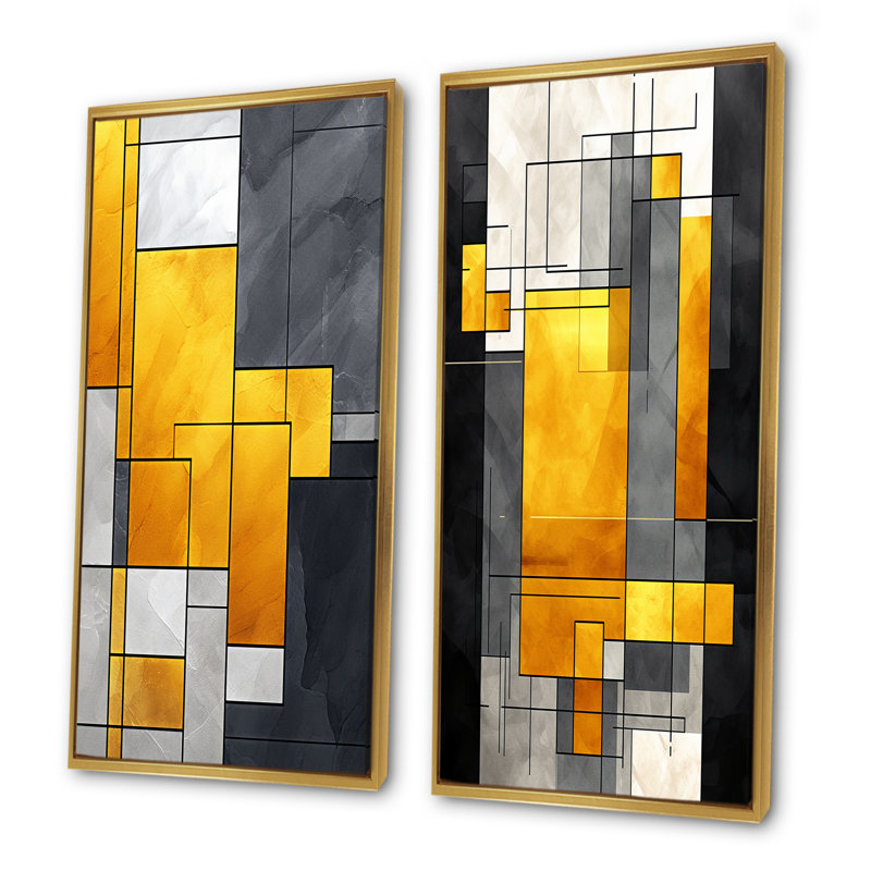 Daehan - Ensemble de 2 reproductions d'art sur toile géométriques abstraites, Cadre flottant doré, H 28 po x l 25 po
