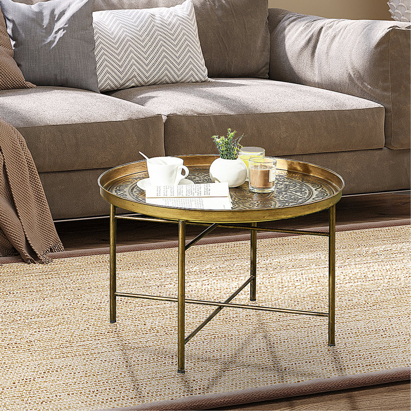 Nicholas 24" Round Coffee Table With Hammered Tray Top, Vintage Metal Center Table For Living Room, Bedroom, Side Table, Gold