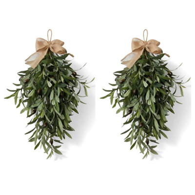 Set of 2 Teardrop Seasonal Welcome Garland with Burlap Bow Spring Summer Artificial Olive Leaf Wreath Versatile Wall Hanging Farmhouse Olive Branch Swag 60cm/23.62in