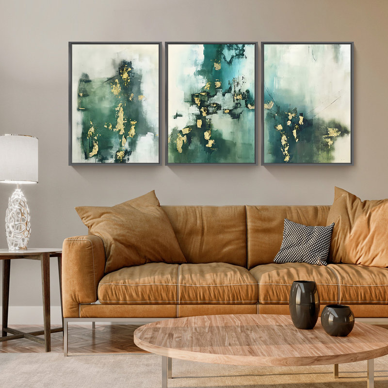 Abstrait - Peinture sur toile 3 pièces, Cadre noir, H 16 po x l 36 po x P 1,5 po