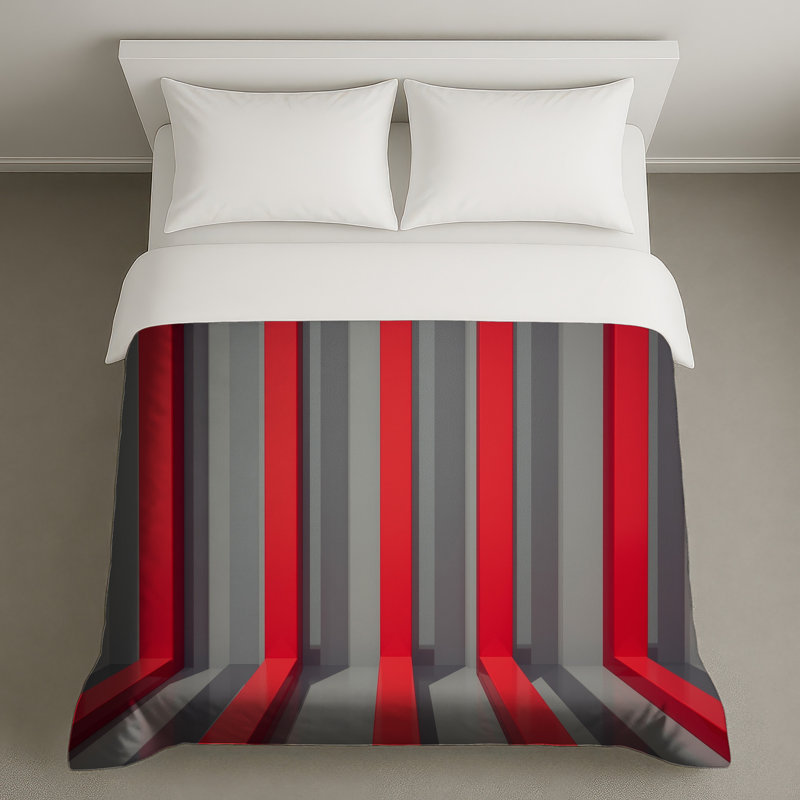 Red Gray Vertical Stripes Duvet Covers, Queen