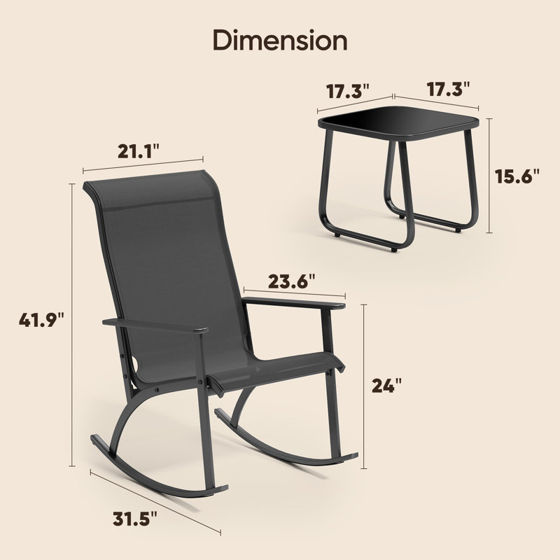 Ensemble de patio à bascule 3 pièces pour balcon, bord de piscine ou jardin, Noir