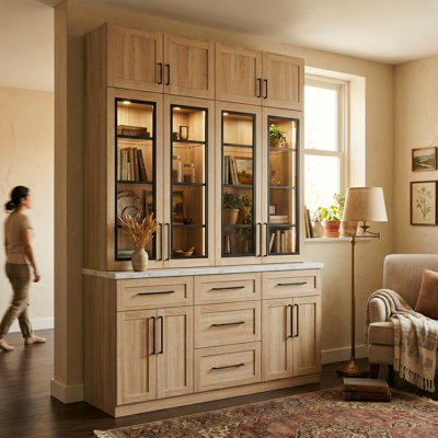Vitrine et vaisselier lumineux de 180 cm de large avec 4 portes en verre trempé, 5 tiroirs et éclairage à 3 couleurs