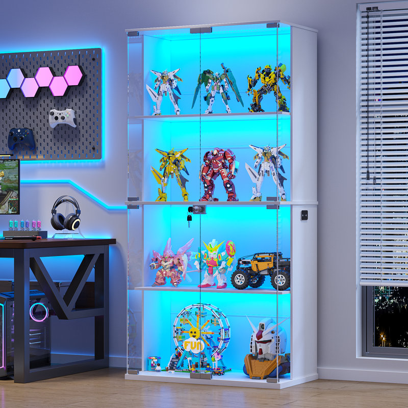 Display Cabinet With Glass Doors, Lighted Display Case With 3 Color Lights, 4-tier Bookcase With Human Body Sensor, White