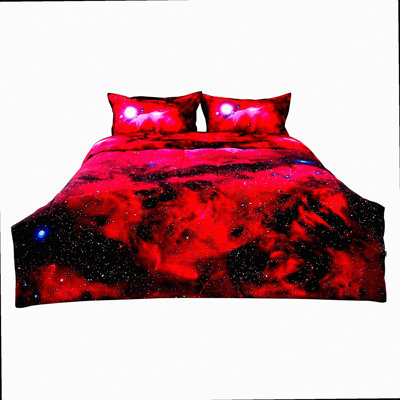 Galactic Red 3D Comforter Set - Outer Space Themed Bedding for Full/Queen Size Beds - All-Season Down Alternative Quilted Duvet with Reversible Design - Includes 1 Comforter, 2 Pillow Cases