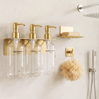 Shampoo and Conditioner Dispenser - Shower Soap Dispenser Wall Mounted - 17 fl oz Set of 3 Black Plastic Bottles with Stainless Steel Pumps & No-Drill Adhesive Holders for Bathroom
