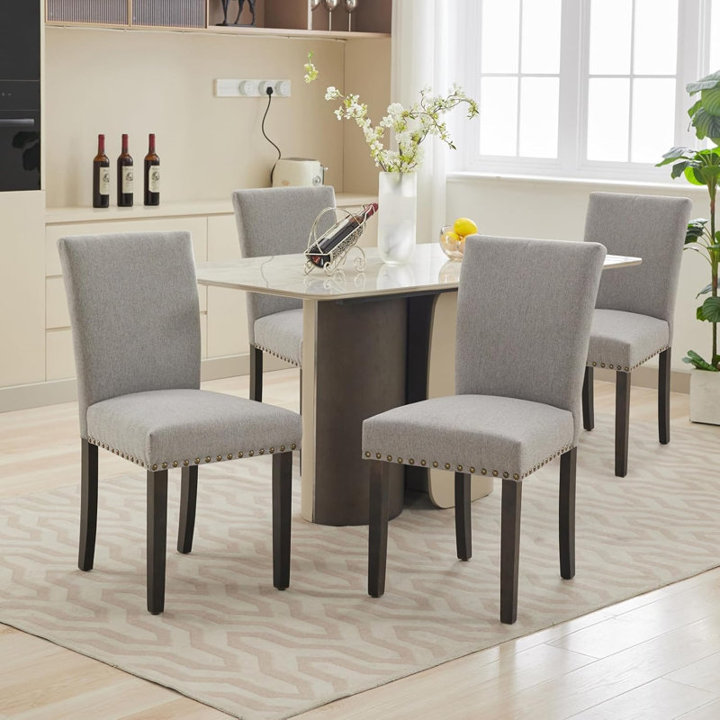 Dining Chairs, Upholstered Fabric, Wood Legs, High Back for Dining Room, Gray, 4