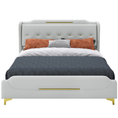 Queen Size Pu Upholstered Platform Bed Frame, Wingback Headboard, , No Box Spring, 800 Lbs Capacity Grey Leather Upholstered, Fancy Gold Metal Decoration, Slats, Weight
