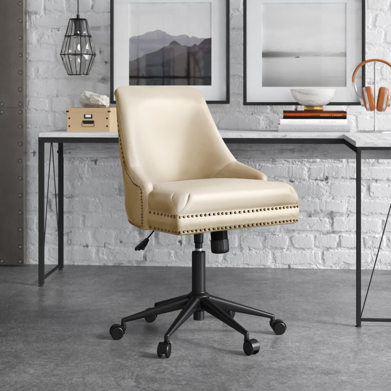 Positano Modern 22" W Faux Leather Tilting Swivel Task Chair with Nailhead Trims, Ivory Faux Leather