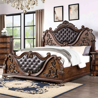 Grand lit de luxe grand, style traditionnel, cerisier brun, bois massif et marbre