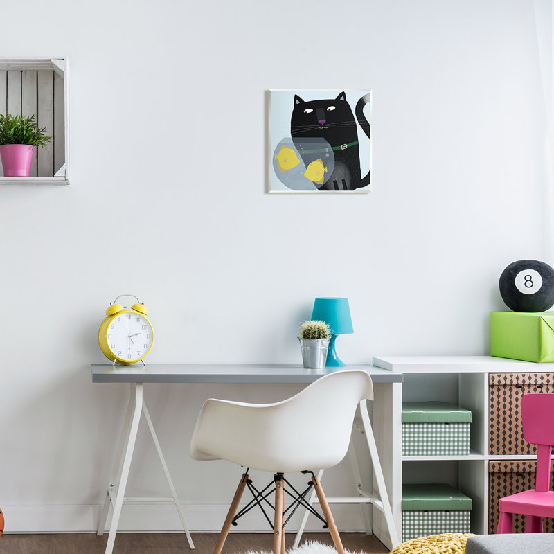 Au-603, estampe numérique chat regardant un bol de poisson, L 12 po x H 12 po x P 0,5 po, Mdf
