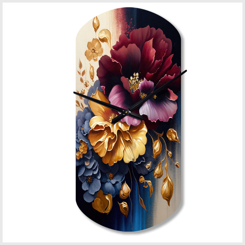 Horloge murale en métal bourgogne et bleu Floral Bunch II - Floral, Petit