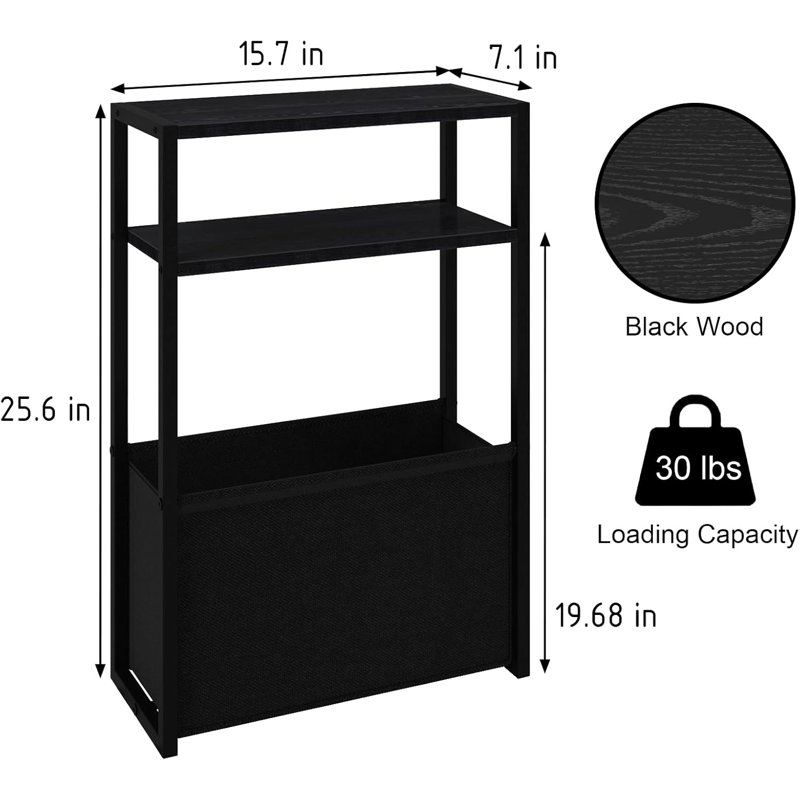 Slim Black Narrow Bedside Table With Magazine Rack 