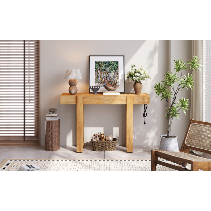 Console minimaliste rustique avec tiroir caché, prise de courant latérale en bois pour les entrées, les salons et les bureaux à domicile Trexm