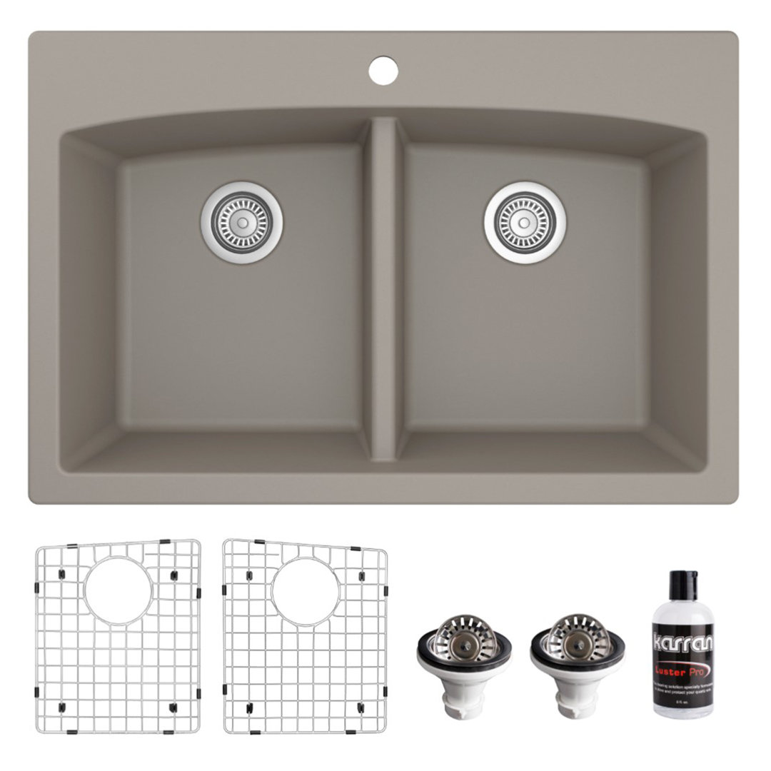 Karran Quartz 33'' X 22'' Double Bowl 50/50 Top Mount Drop-in Kitchen Sink Kit Karran