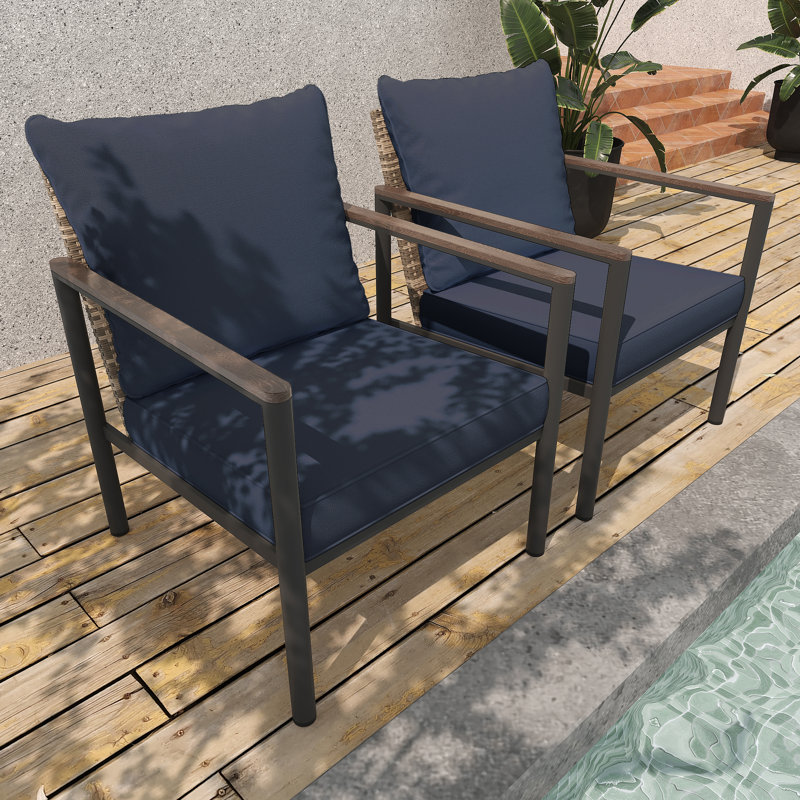 2Pcs Patio Metal Wicker Chairs with Cushions, Blue