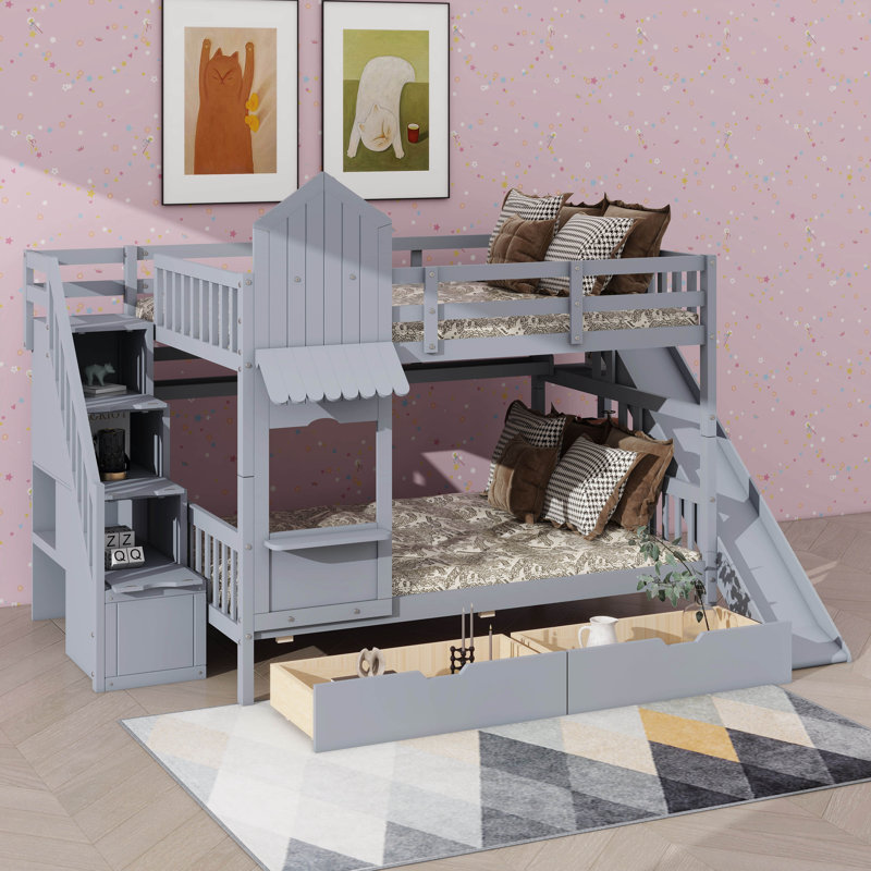Castle Design Bunk Bed With 2 Drawers, 3 Shelves And Slide, Full over Full, Gray