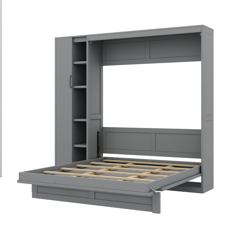 Full-Size Murphy Wall Bed Featuring Functional Shelves, Closet & Subtle LED Lighting, Gray, Full