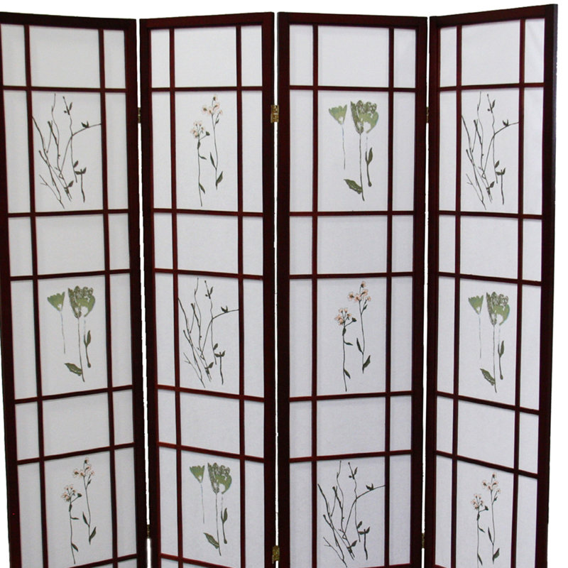 Clôture de 70 pouces à 4 écrans en bois de cerisier avec motif floral asiatique en hauteur, couleur, motif traditionnel asiatique